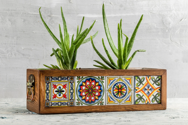 Wooden Planter with Mexican Tile